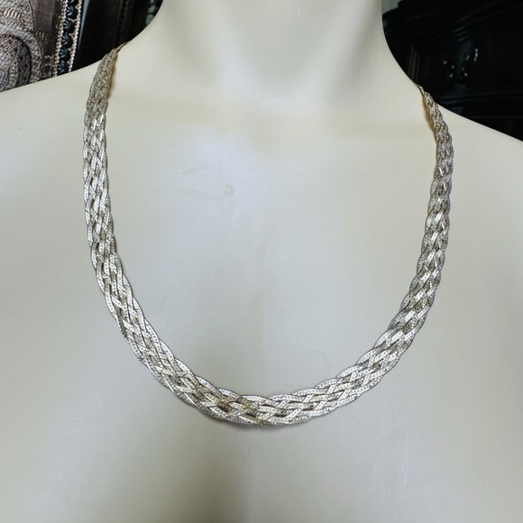 VTG Italian Braided Necklace 23" Woven 925‎ Sterling Silver 18K Gold Plate 24.0g - Picture 1 of 12